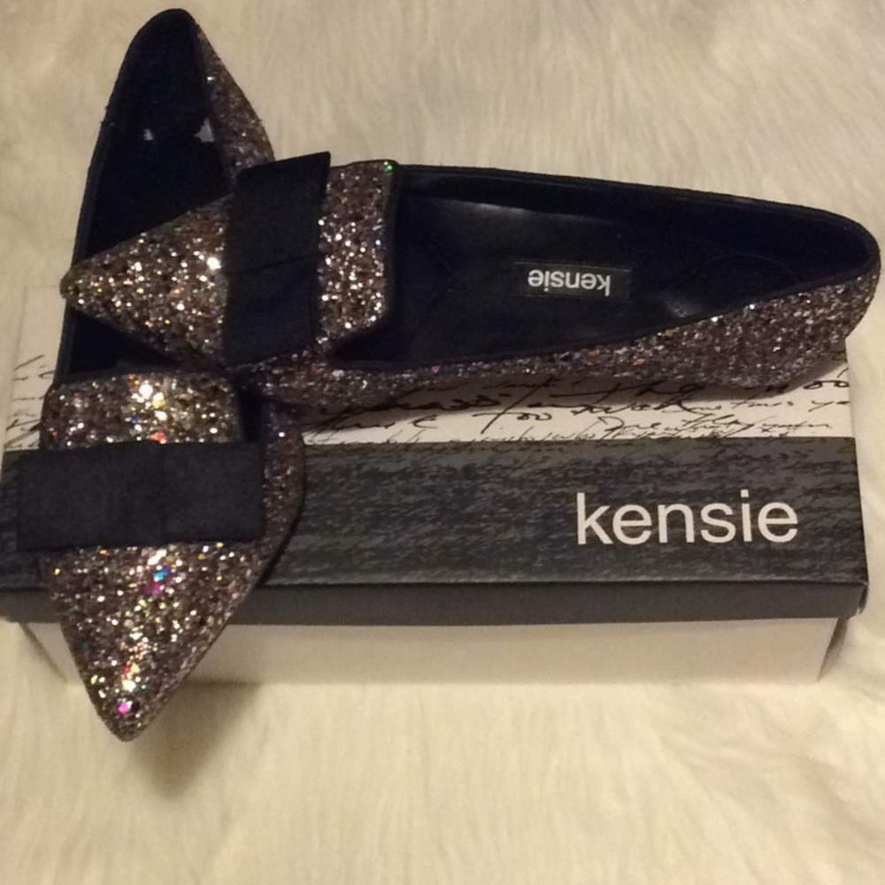 Rainbow glitter Kensie loafers with bow accent.